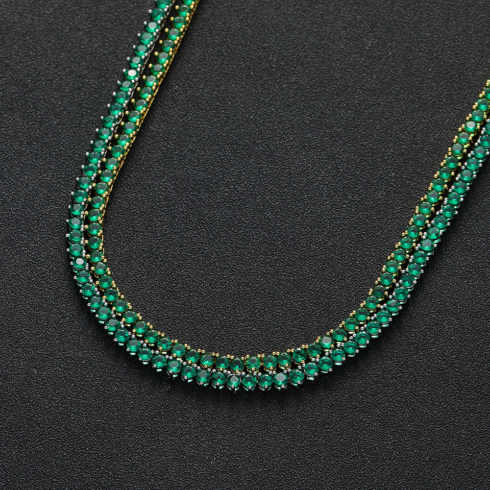 25-3mm Three-Pronged Full Bling Cubic Zirconia Emerald Tennis Chain Necklace Hip Hop Green Cz Stones Fashion Copper Iced Out Diamond Rapper Chains Col