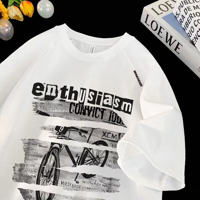 Trendy American Heavyweight 220g Designer Short Sleeves Cotton T-shirt For Men Summer Short Sleeve Loose Versatile Casual Couple Five-quarter Sleeve T