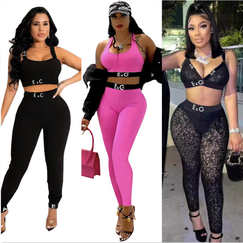 Sexy Womens Tracksuits Designer New Fashion Two Piece Set Strap With Exposed Umbilical Wrapping Mesh Printed Letter Plush Pants Sets 7 Styles