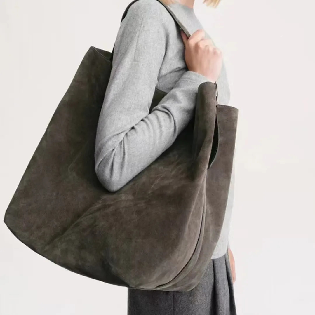 Motingsome Oversized 53cm Big Tote Suede Genuine Leather er Tote Retro Frosted Cowhide Bucket Shoulder Handbag 250628