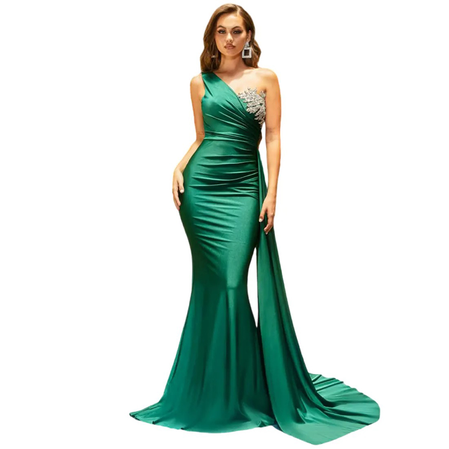Green Bridesmaid Mermaid One Shoulder Elastic Satin Appliqued Lace Beaded Maid of Honor Dresses Bride Gowns for Nigeria Black Women G