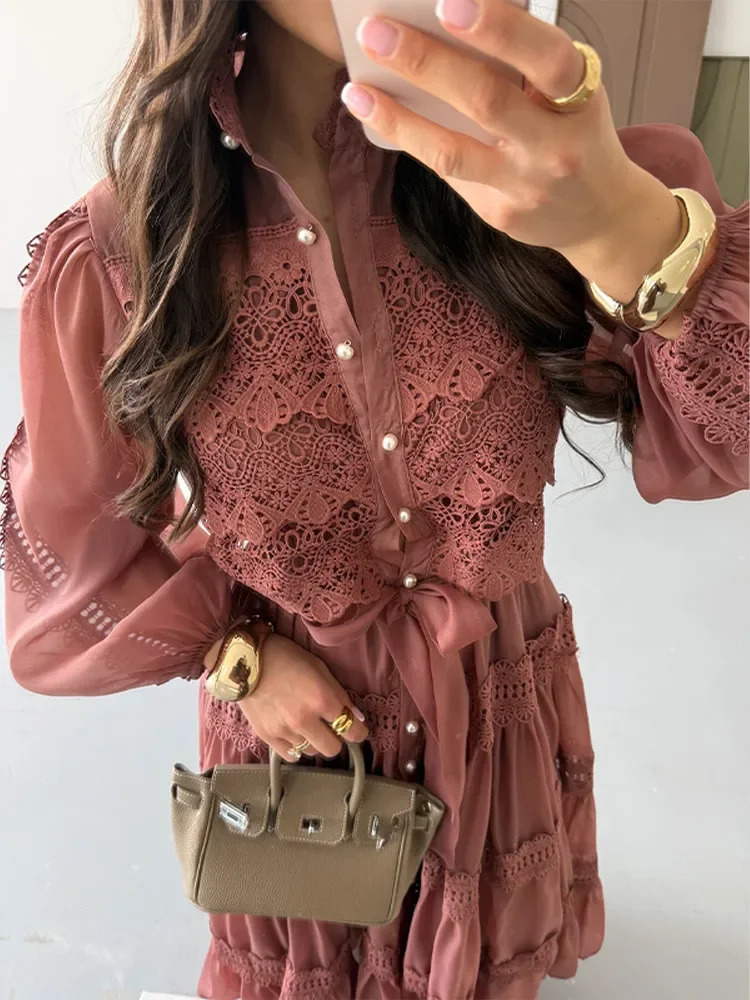 Hollow Out Embroidery Patchwork A-line Long Dress Elegant Women Long Sleeve High Waist Lapel Pleated Dresses Holiday Ruffle Robe 250626