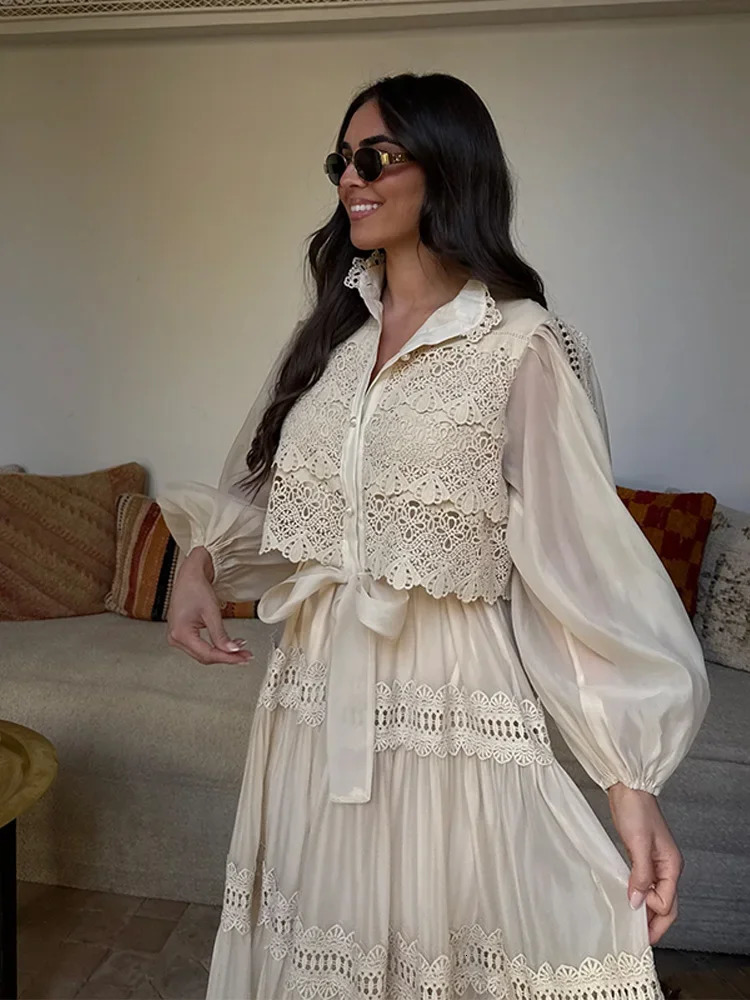 Hollow Out Embroidery Patchwork A-line Long Dress Elegant Women Long Sleeve High Waist Lapel Pleated Dresses Holiday Ruffle Robe 250626