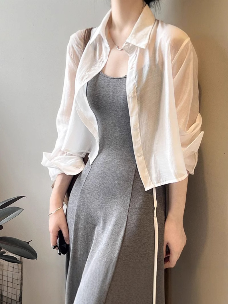 K1216 Thin long-sleeved sun-proof chiffon shirt for women, design niche back tie cardigan, summer petite short top