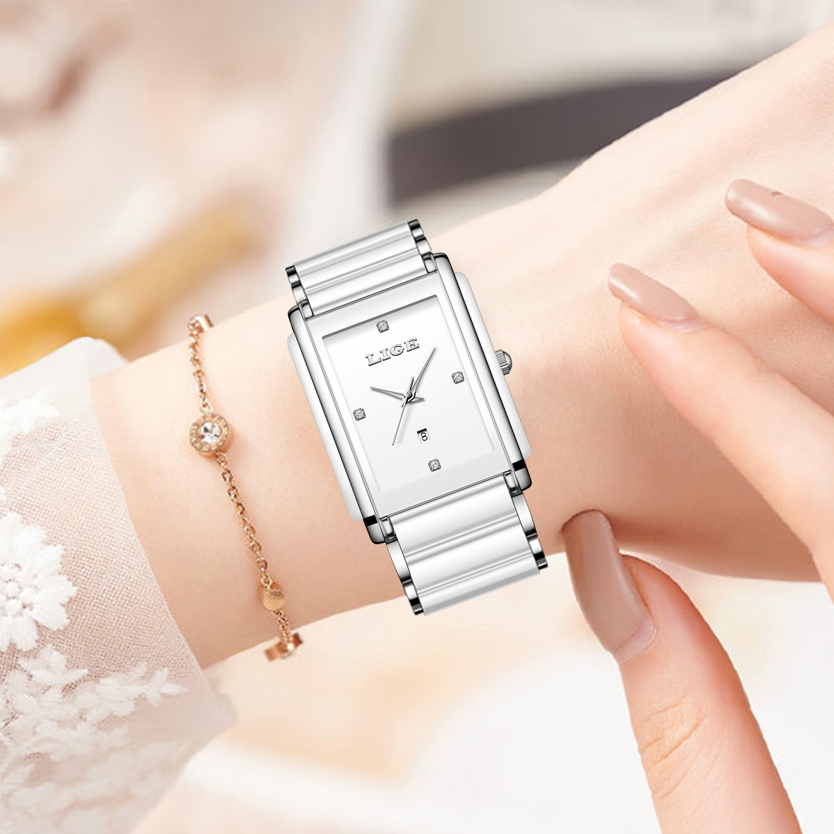 LIGE Quartz Watch Waterproof Watch Top Brand Women's Universal Style Square Case Fashion Business Watch Holiday Gift Teen Watch Ceramic watch