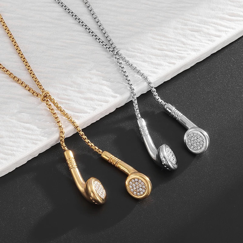 Fashion Hip-Hop Rock Trend Music Headphones Earplugs Metal Pendant Necklace Men and Women Punk Hip-Hop Party Jewelry 250701