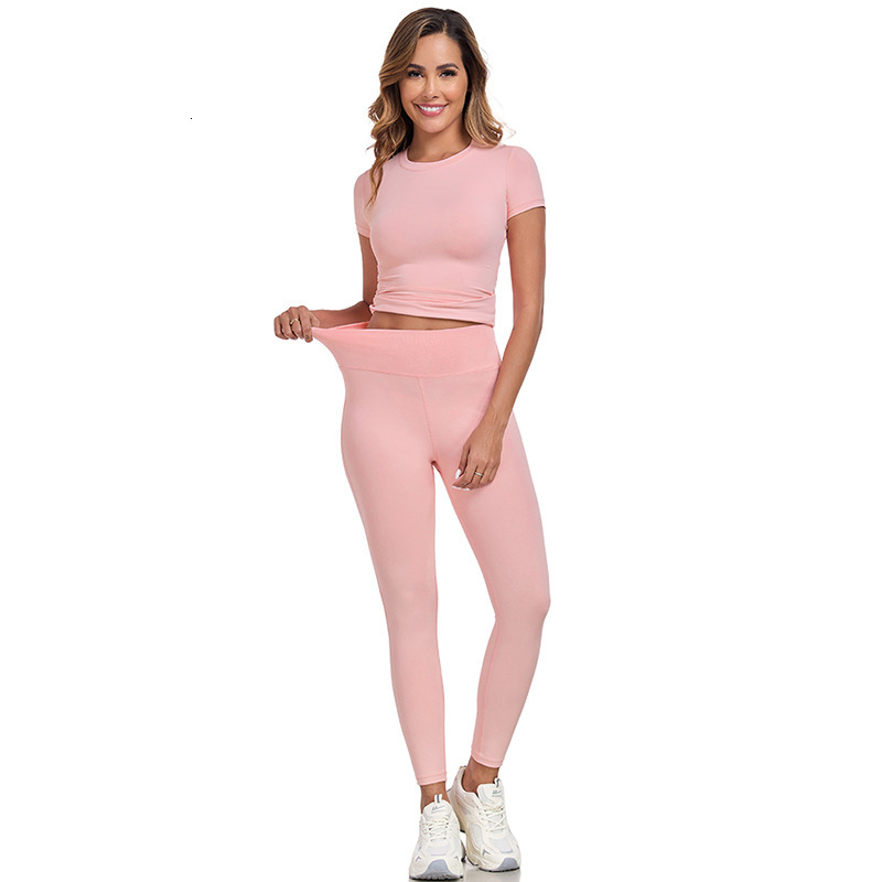 New Quick-Dry Yoga Fitness Outfit Outdoor Running Sports Round Neck Slim Fit Short Sleeve Long Pants Set