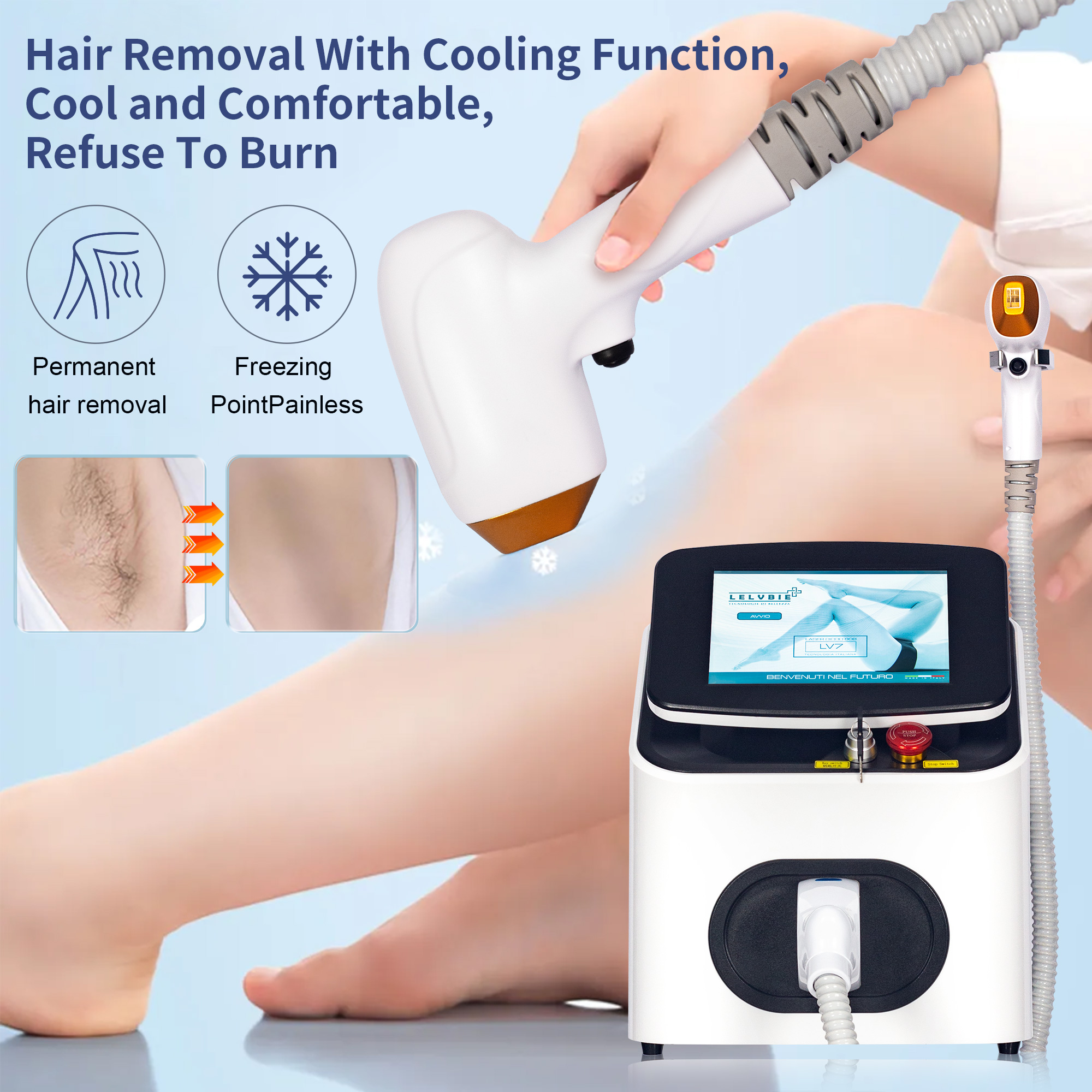 808nm Diode Laser Hair Removal Device with Ice Cooling Technology for Comfortable, Fast and Safe Permanent Hair Removal on All Skin Types