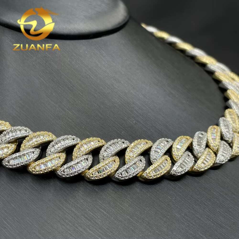 High Quality Hip Hop Jewelry 15mm Miami Style 925 Silver Bagettes Iced Out Moissanite Cuban Link Chain Necklace