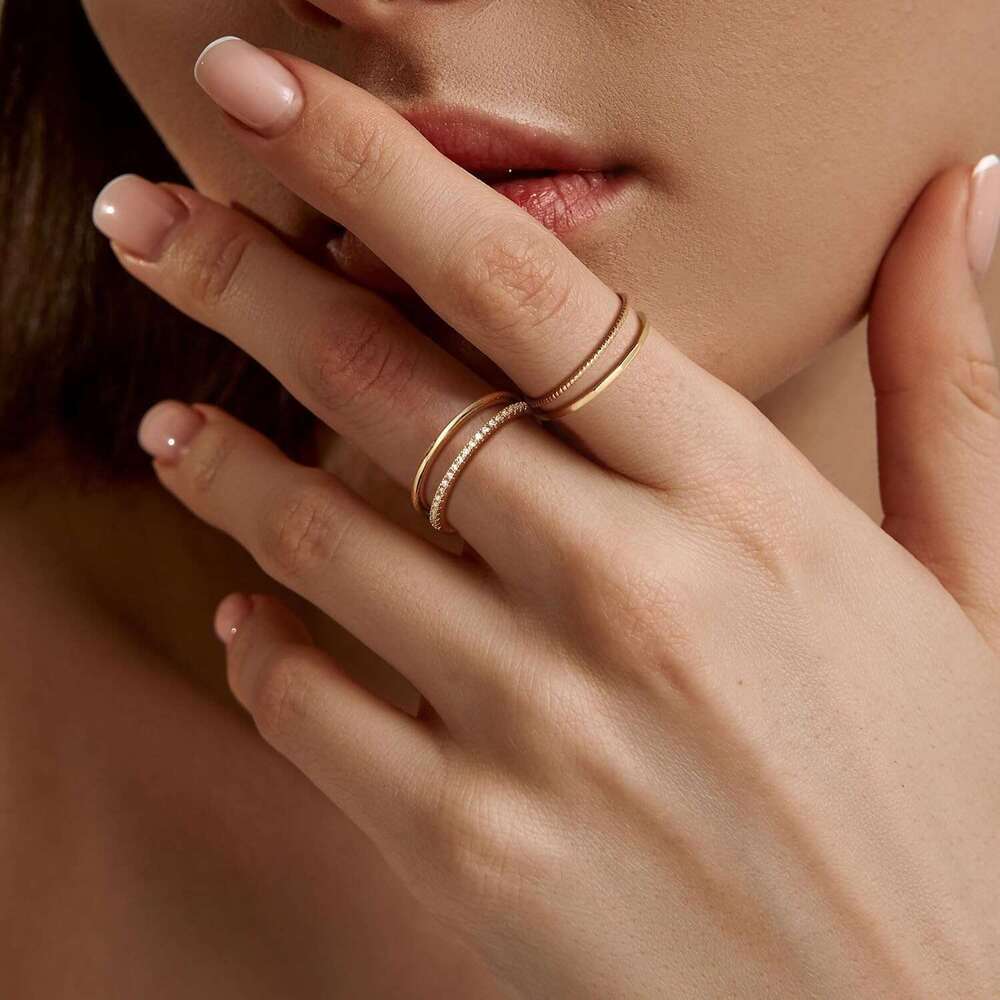 14K Filled 3 Gold 1.3mm Thin Stackable for Women Minimalist Non Tarnish Half Cubic Zirconia Band - Dainty Trendy Statement Stacking Rings Set Size 5-1