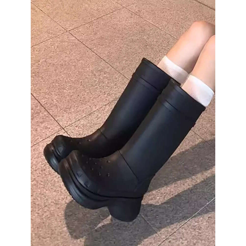 Paris Thick-Soled Rain for Women, Fashionable Outdoor Water Mid-Calf Trendy Hole Shoes, Versatile Height-Increasing Long Boots, Riding Boots