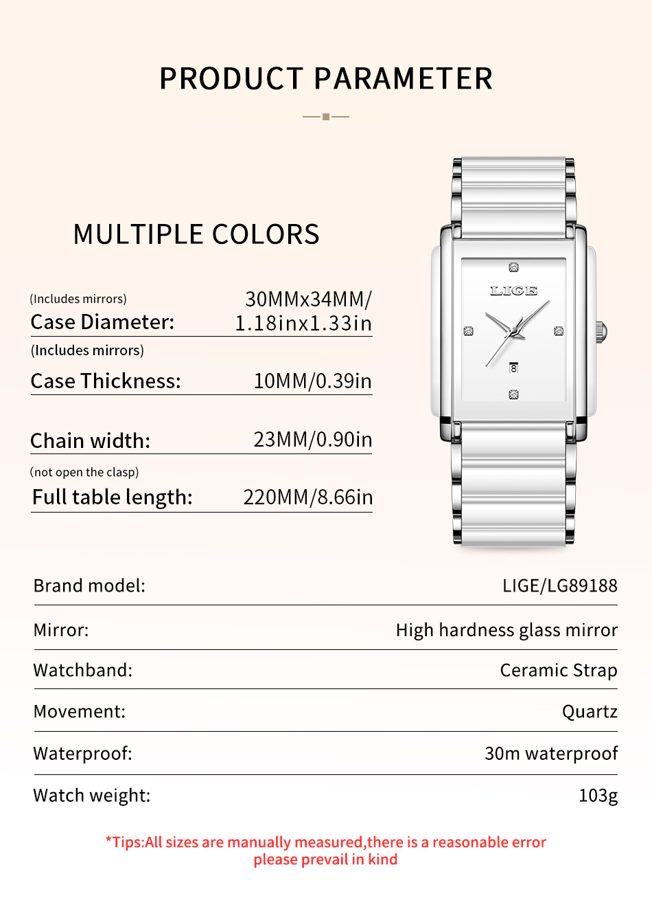 LIGE Quartz Watch Waterproof Watch Top Brand Women's Universal Style Square Case Fashion Business Watch Holiday Gift Teen Watch Ceramic watch