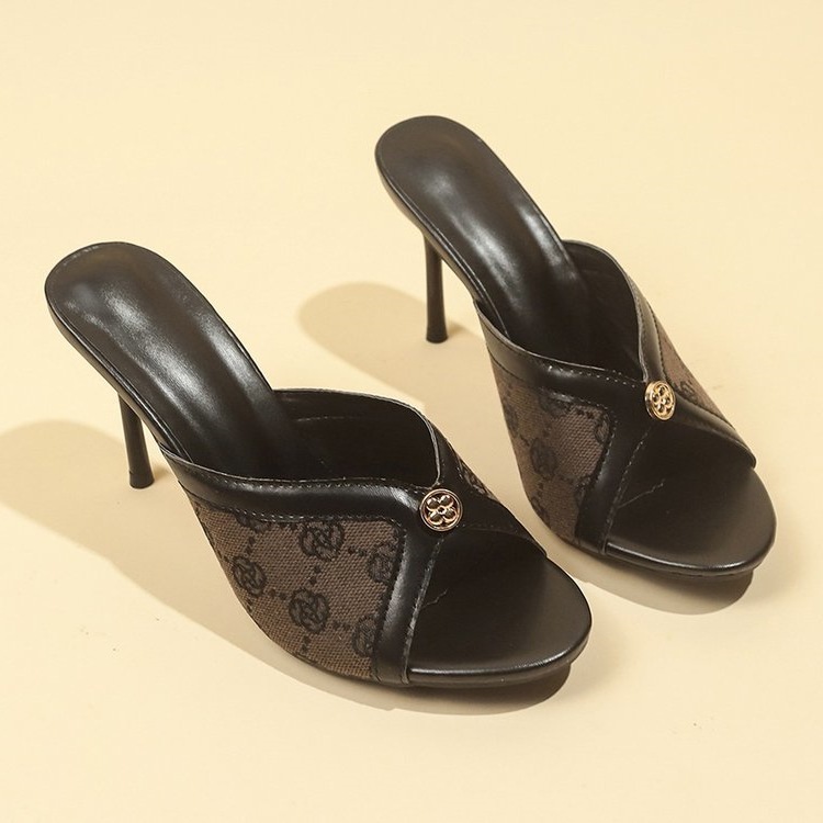 Sandals shoes Designer Fish mouth exposed toes slim heels new slippers with chain buckle print high-heeled sandals for women