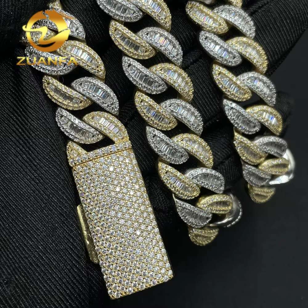 High Quality Hip Hop Jewelry 15mm Miami Style 925 Silver Bagettes Iced Out Moissanite Cuban Link Chain Necklace