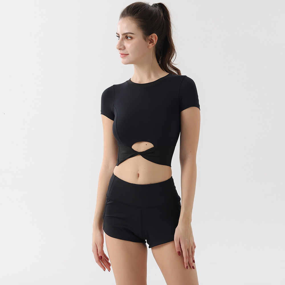 Summer New Camping Women's Cotton Ribbed T-Shirt Sleeve High Waist Short Quick-Dry Yoga Top Outdoor Sports