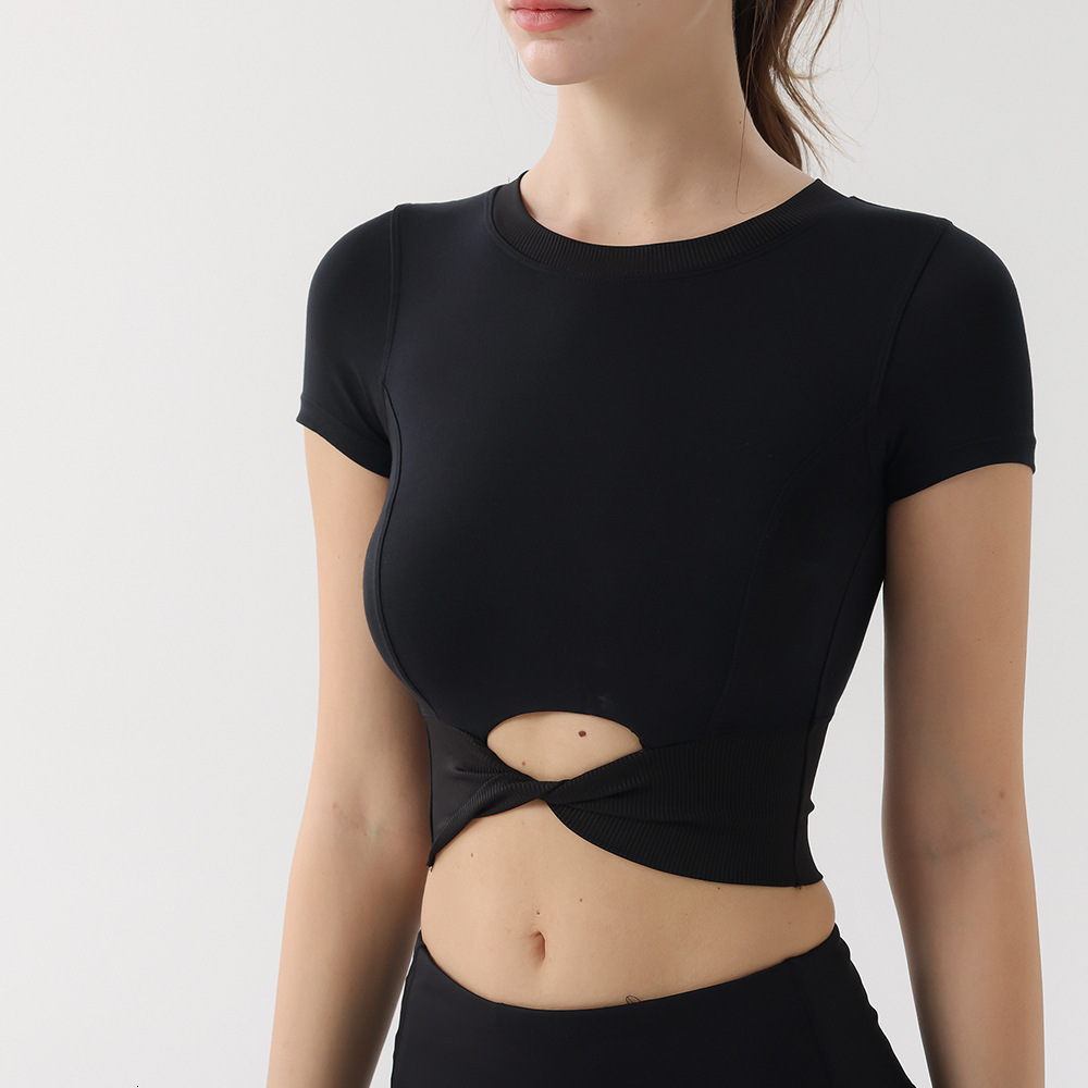 Summer New Camping Women's Cotton Ribbed T-Shirt Sleeve High Waist Short Quick-Dry Yoga Top Outdoor Sports