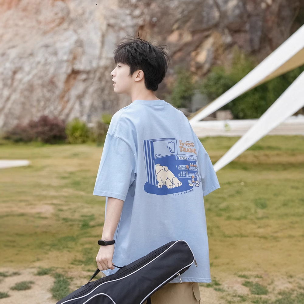 Factory Direct Supply 220g Heavy Cartoon Print Short Sleeve T-shirt Designer Short Sleeves For Men Summer Loose Playful Pure Cotton Half Sleeve Top