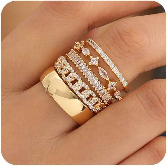 for Women Stackable 3 Non Tarnish Trendy Dainty 14K Gold Plated Stacking Cubic Zirconia Thumb Ring Set Pack Statement Chunky Band Promise Engagement Rings Size 7