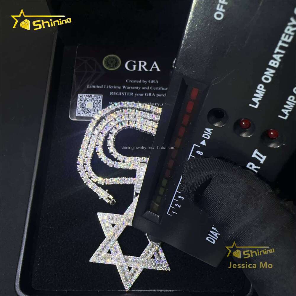 Drop Shipping Hot Selling Iced Out Rapper Sier Vvs Baguette Moissanite Dia Hip Hop Star Pendant Necklace Set