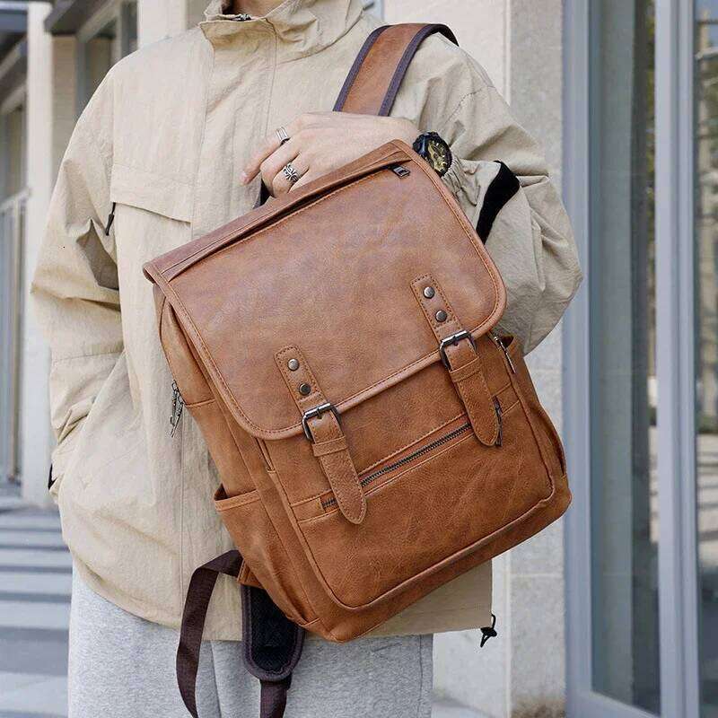 Large Capacity Vintage men's bag Teenage Backpacks PU Leather Fashion Schoolbag Man Multifunctional Backpack Men Zipper Designer