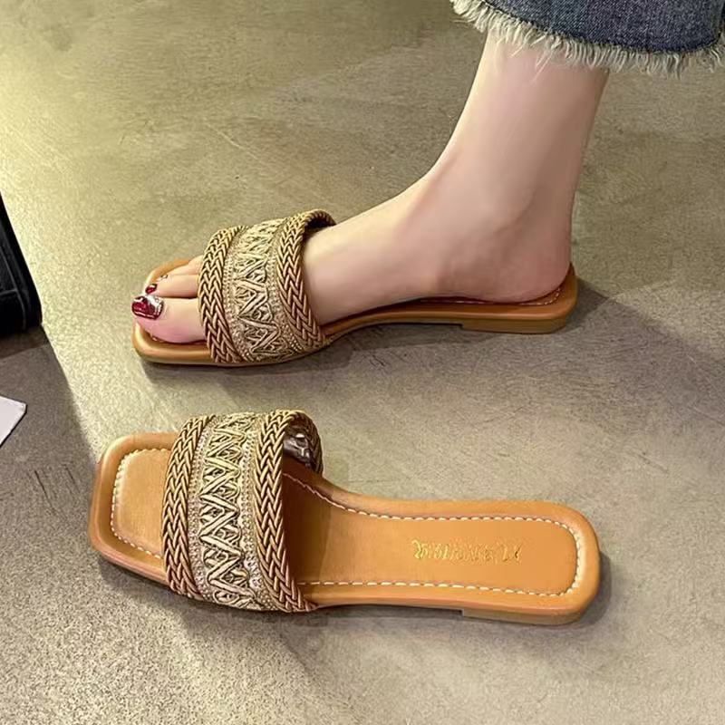 Sandals Summer Weave Flats Slippers Women Beach Dress Shoes 2024 New Designer Flip Flops Casual Shoes Walking Slides