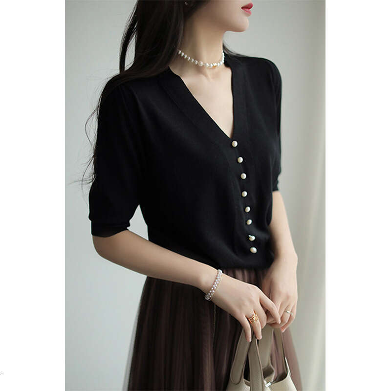 New Fashion Summer Mid-Sleeve V-Neck Elegant Purple Ice Silk Knit Top T-Shirt Women's Blouse B5