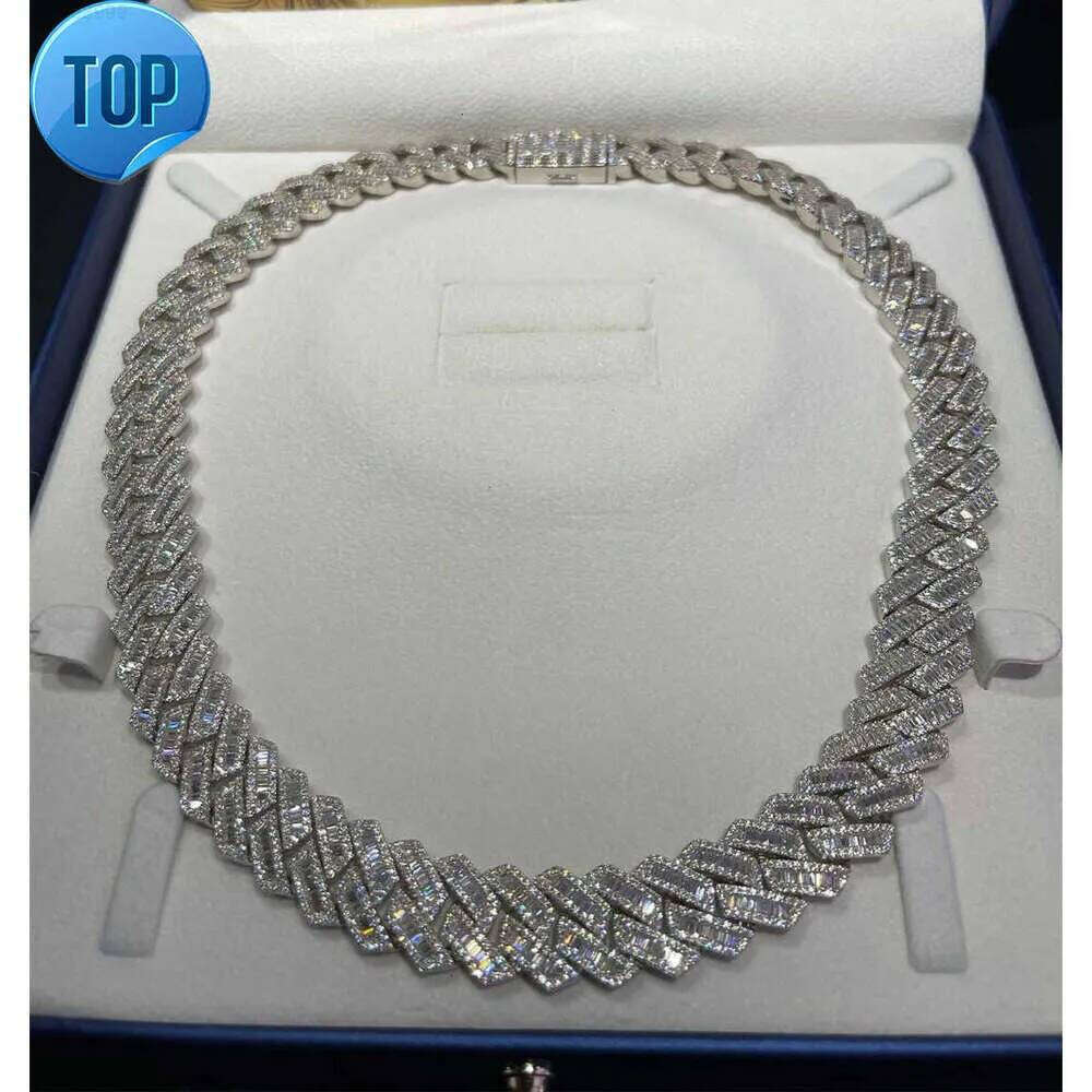 KIBO Hip Hop Jewelry 18MM Sier VVS Baguette Moissanite Dia Cuban Link Chain