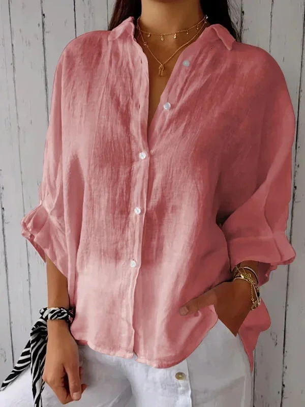 2025 Spring Linen Oversize Women Shirt Black Turn-Down Collar Lace Up Loose Blouses Female Casual Trendy Ladies Clothes 250702