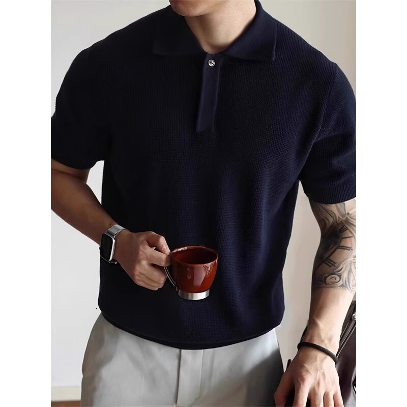 Direct Supply American Style Hidden Placket Turn-down Collar Summer short sleeves Knitted Polo Short Sleeve T-shirt Designer T-shirt Casual Business R