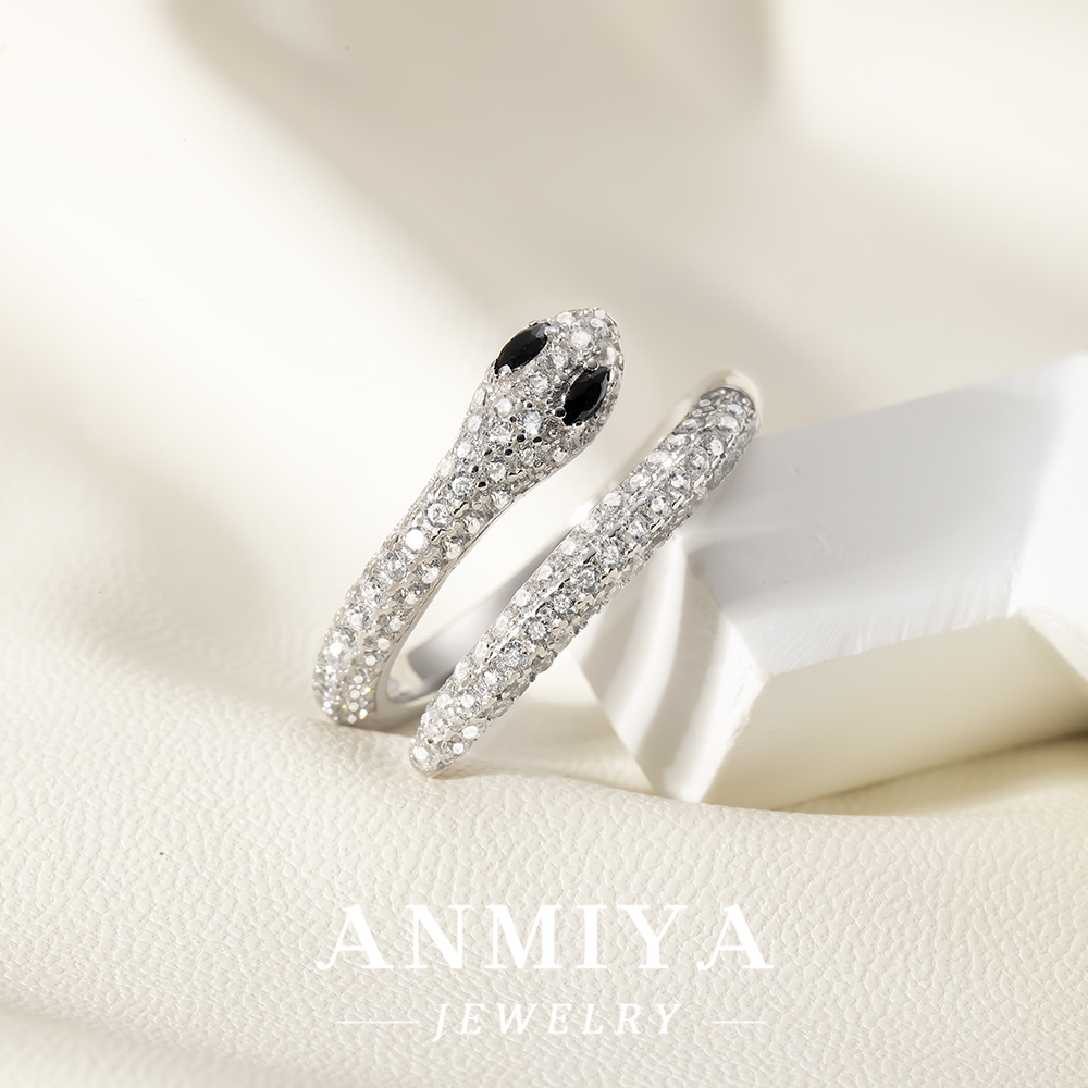 Modern Silver Jewelry Snake Open Ring Zircon Inlay Adjustable for Layering Contemporary Fashion