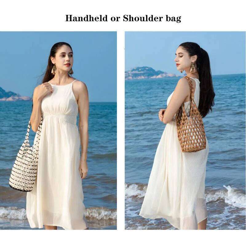Women Beaded Summer Design Hollow-Out Wooden Bead Tote Bucket Shoulder Bag Female Beach Handbag