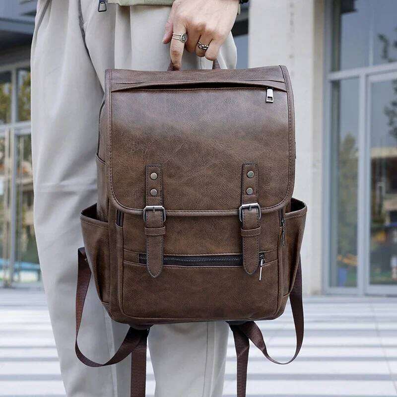 Large Capacity Vintage men's bag Teenage Backpacks PU Leather Fashion Schoolbag Man Multifunctional Backpack Men Zipper Designer