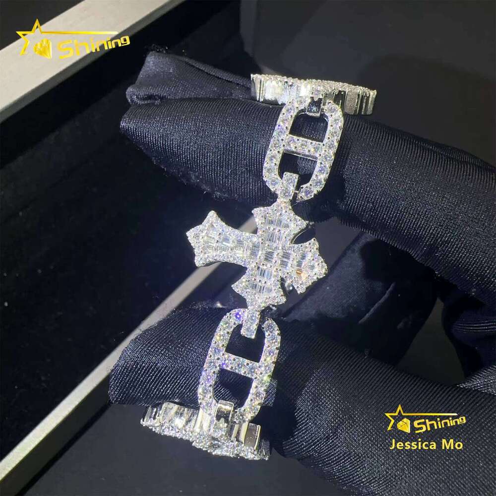 Rapper Jewelry Hot Selling New Arrivals Hip Hop VVS1 Moissanite Iced Out GRA Certificate S Sier Cuban Cross Bracelet Man