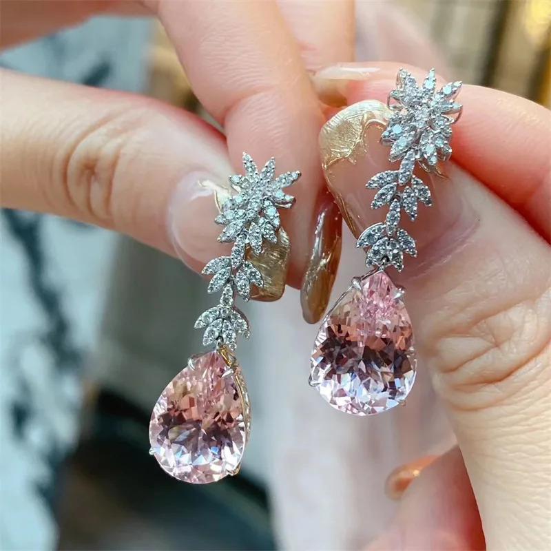 Korea Jewelry Pink Morganite Dia Water Drop Earrings Female Elegant Long Pendant Earring Trendy Dangler Fine Gift 250703