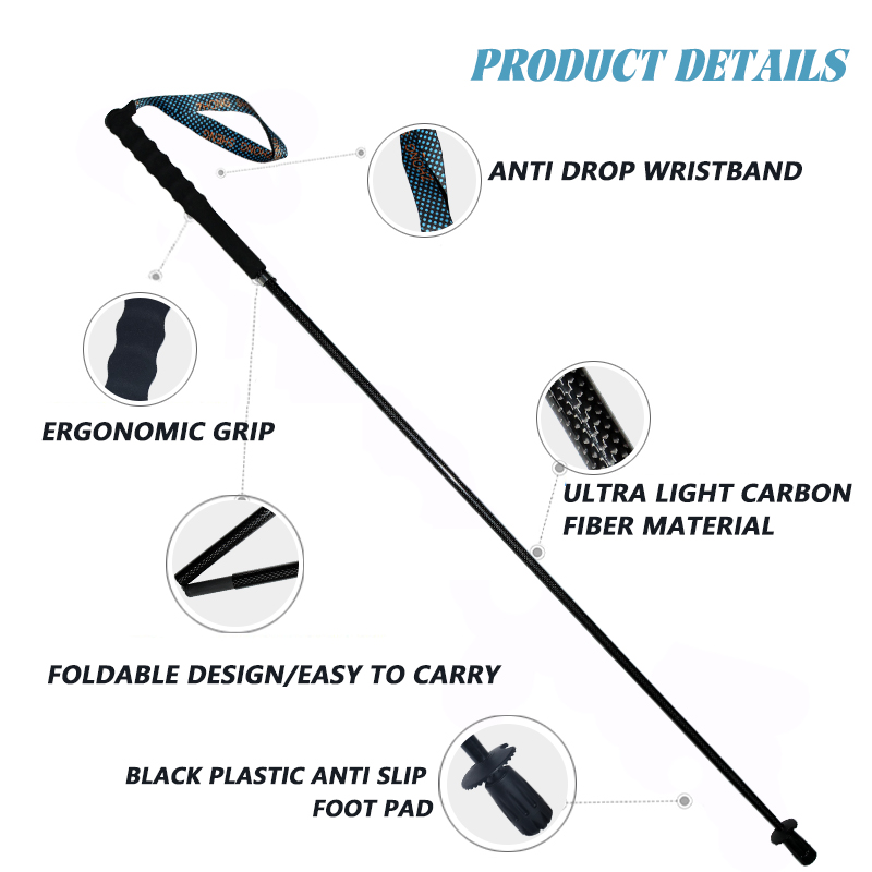 OKHEALING T800 Carbon Fiber Trekking Poles 3 Section Ultra-light Folding Cane Portable Walking Stick with EVA Handle for Off-road, Camping, Mountainin