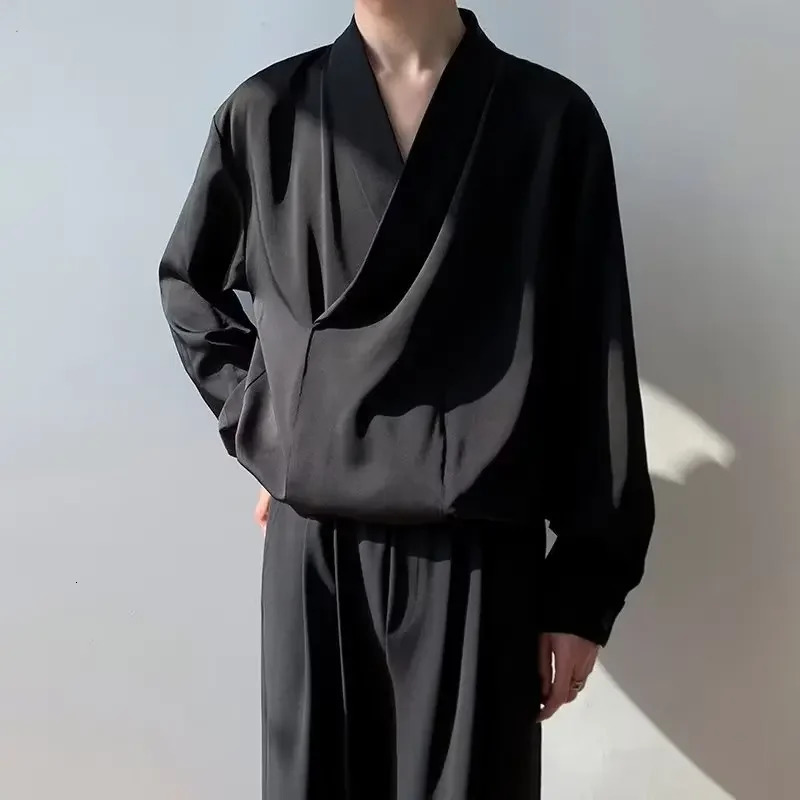 Spring Autumn Japanese Long Sleeve Shirt Mens Korean Style Casual Trendy Draped Sleeveless Silk Shirt 250703