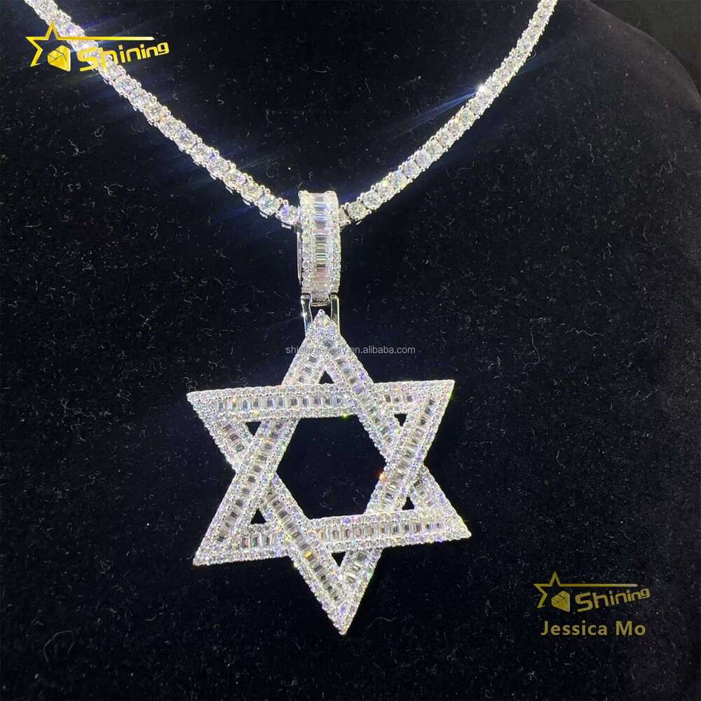 Drop Shipping Hot Selling Iced Out Rapper Sier Vvs Baguette Moissanite Dia Hip Hop Star Pendant Necklace Set