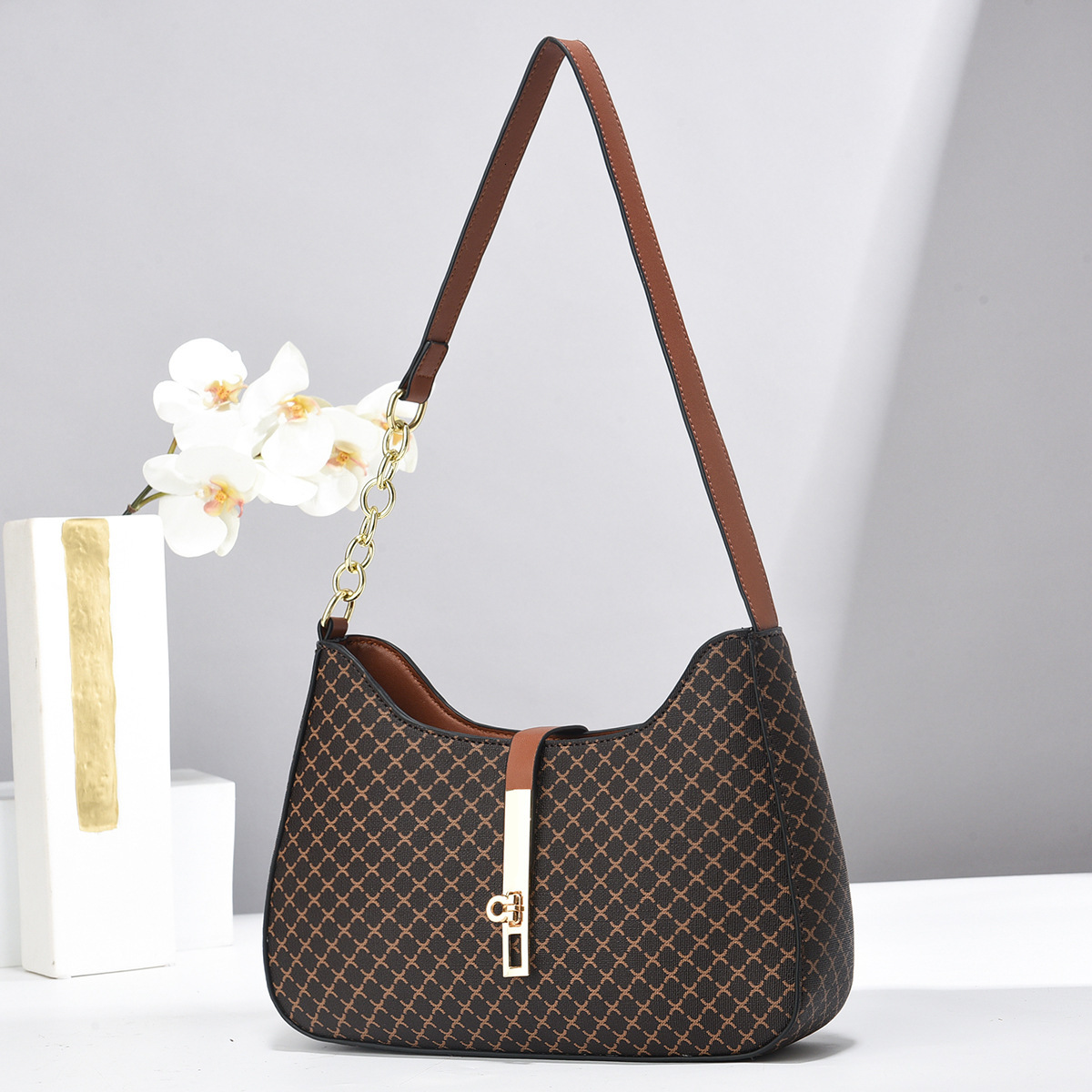 Trade Luxury bag Texture Foreign Designer Bag Checkerboard Underarm Bag Women's Bag Popular Ladies' Shoulder Crossbody Dumpling Bag Ladies&#