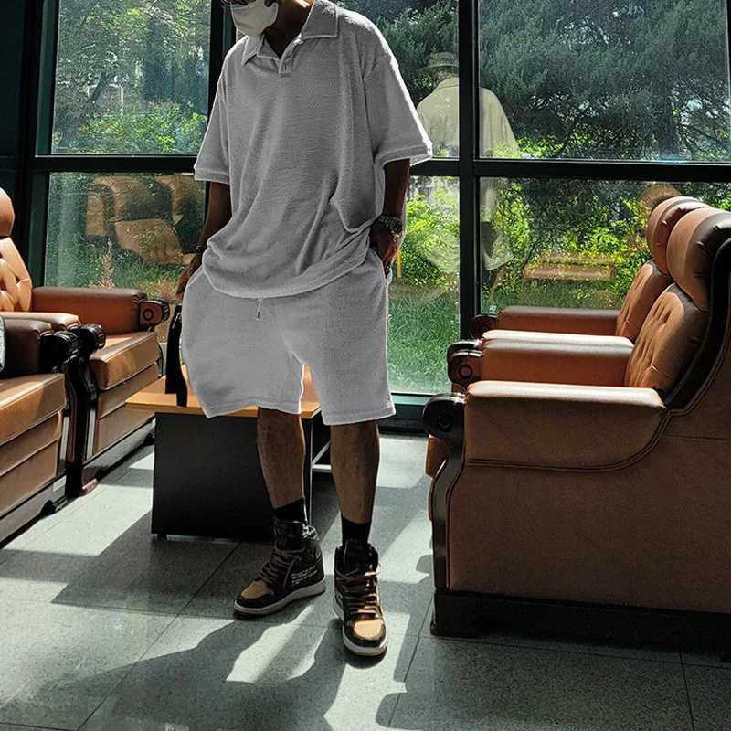 Summer New Fashion Suit Mens High Quality Heavy Terry Cloth Lapel Short-sleeved Shirt Shorts Two-piece Casual Mens Wear Z250703