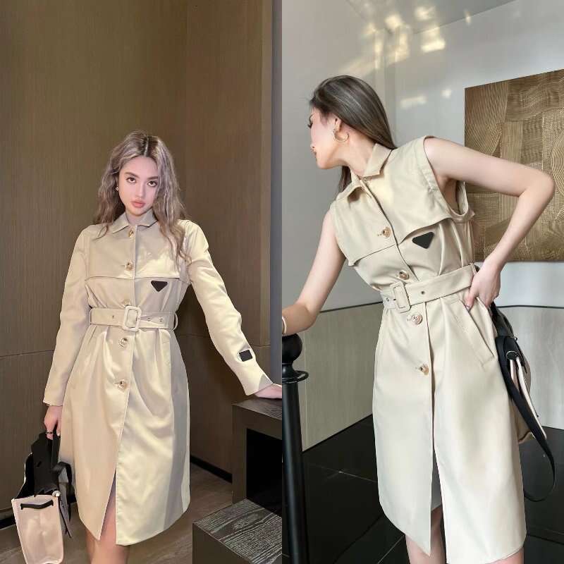 Designer jacket women lapel trench coat Detachable Medium Long Tops Spring Fall Trendy Khaki Overcoat Two Dressing Styles High Quality Trenchcoat
