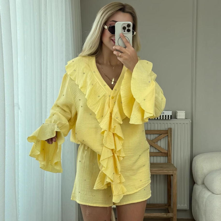 Plus Size Womens Fashion Design Ruffled Unique Shirt Top Shorts French Two-Piece Set for Women 230130