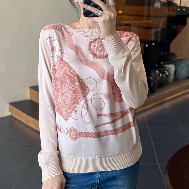 Ladies Chain Print Viscose Knit Top Designer Long Sleeve Round Neck Oversized Silhouette Breathable Office-to-Outfit Luxury Clothes S0712
