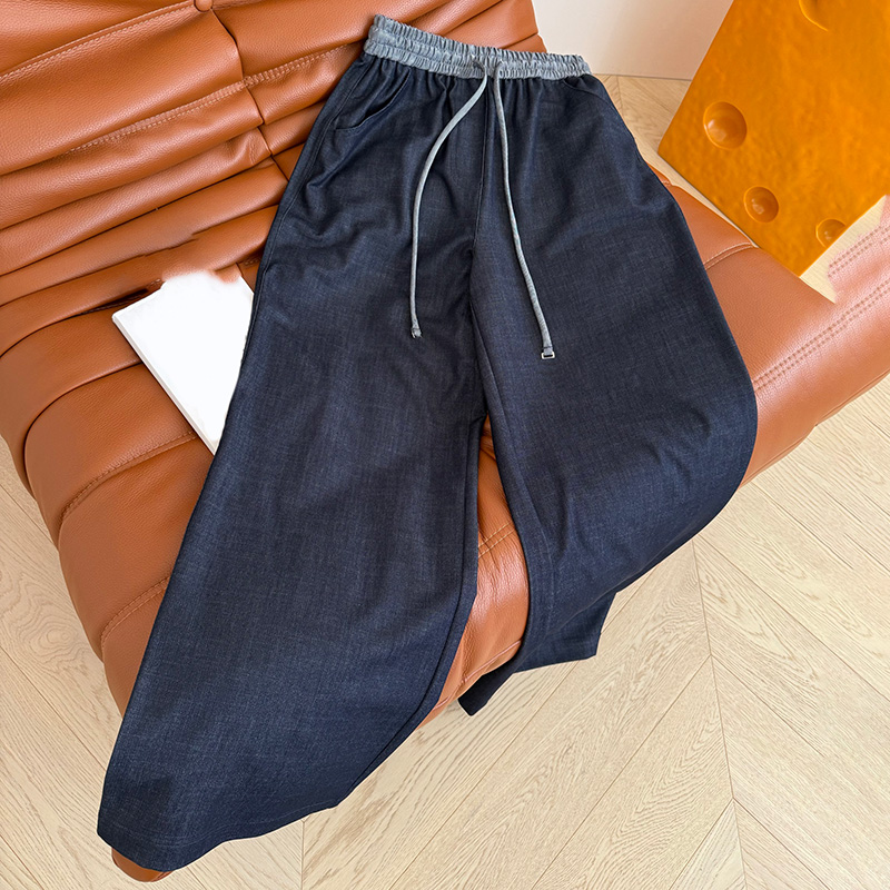 Designer Casual Wide Leg Jeans Women Summer Thin Breathable Trousers Deep Blue Elastic Waist Denim Pants Streetwear