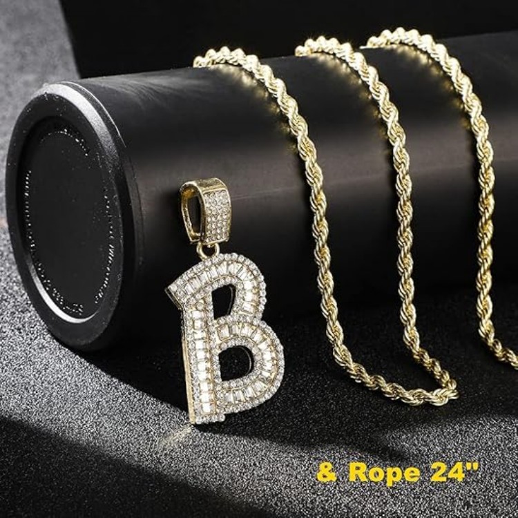 Bling Silver Gold Iced Out Baguette Initial Letter Necklaces for Men Women Big Cz Diamond Capital Letter Pendant A-Z with Rope Tennis Chains