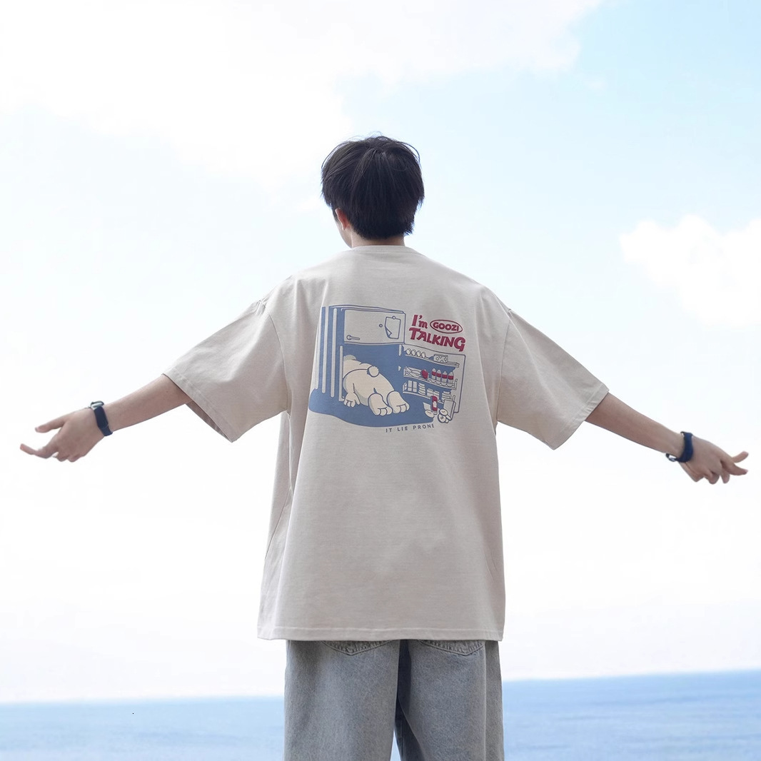 Factory Direct Supply 220g Heavy Cartoon Print Short Sleeve T-shirt Designer Short Sleeves For Men Summer Loose Playful Pure Cotton Half Sleeve Top