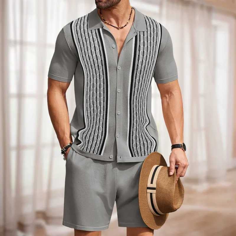 Summer Mens Clothing Luxury Knit Tracksuit Set Leisure Short Sleeve Solid Color Shirts+Shorts 2 Piece Popular Knitwear Suit XJ250703