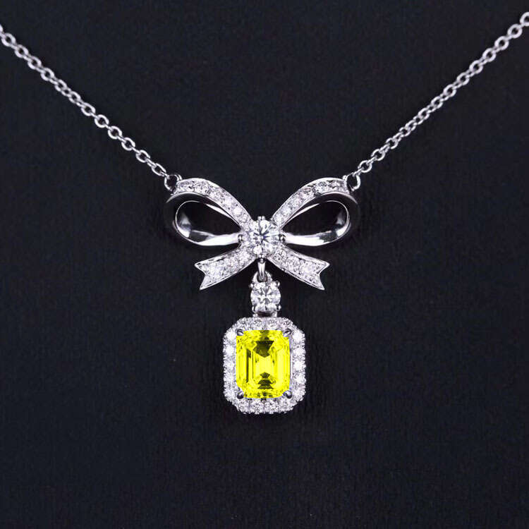 Live Imitation Yellow Bow Pendant for Women PT950 Colored Dia Cluster Morganite Zircon Necklace Jewelry 093