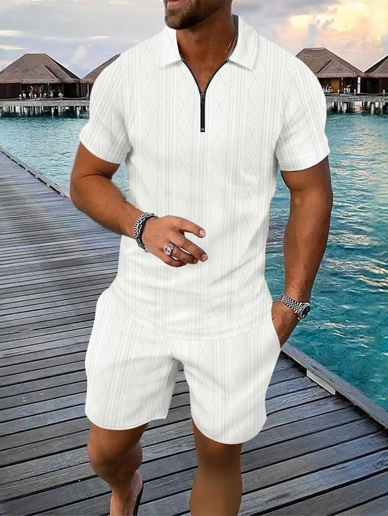 Mens Fashionable Checkered Jacquard Beach Shirt And Shorts Set Casual Lapel Zipper Two-Piece Suit Short-Sleeved Top and T-shirtXJ250703
