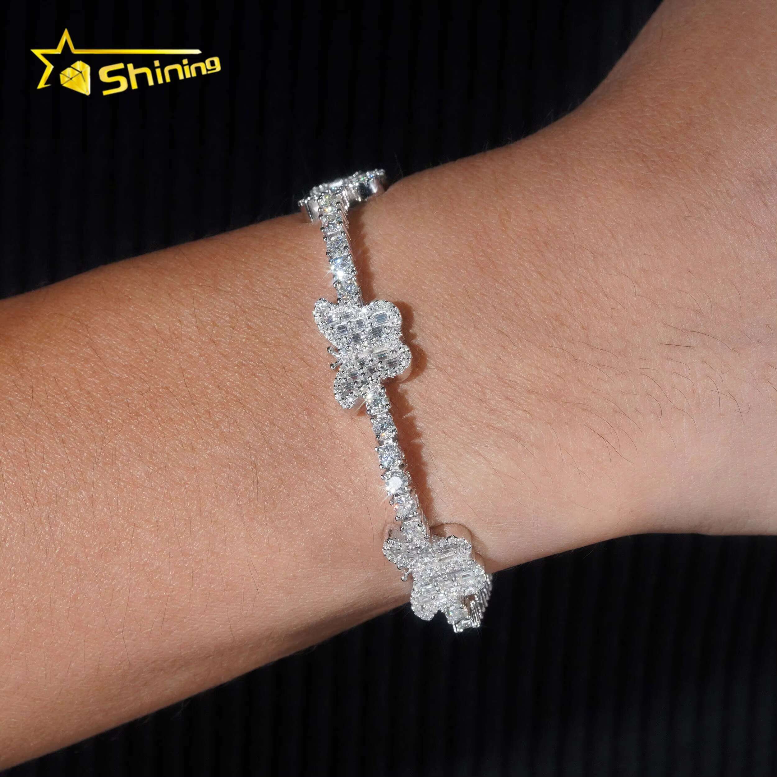 Luxury New Hip Hop 925 Silver 3mm Baguette Tennis Chain Moissanite Butterfly Bracelet GRA Certified