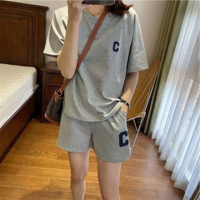 Gray Sports Suit for Women, Summer Thin 2025 New Embroidered Salt Style Loose Plus Size Short Sleeve Shorts Two-Piece Set